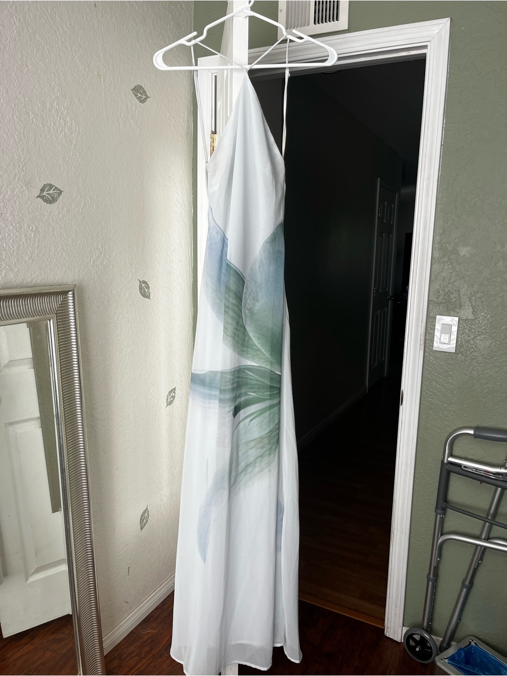 Peppermayo White Backless Maxi Dress with Green & Blue Leaf Print